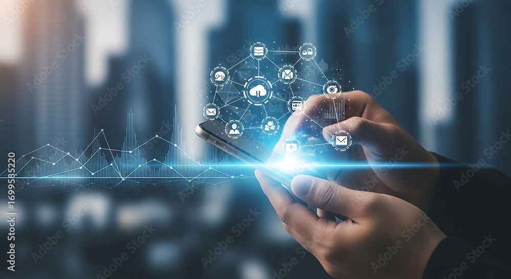 Poster futuristic technology hand interacting with glowing digital network overlay abstract background