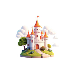Illustration of a fairytale castle with medieval towers and flags on a hill on a white background