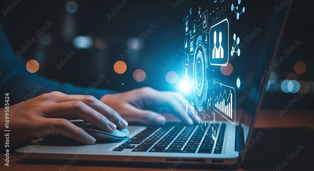 Poster hands typing on laptop with glowing digital security symbols and data streams concept