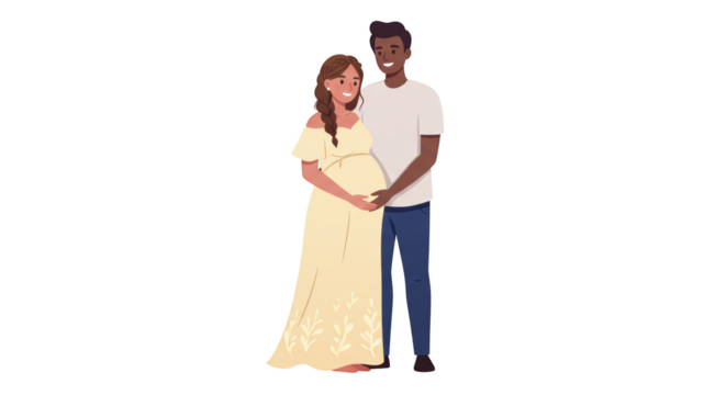 Happy Pregnant Couple Embracing Future Family illustration featuring cartoon, mother, man, flat design, baby, love concept design