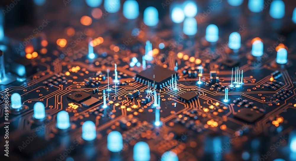 Poster abstract bokeh lights and electronic components create futuristic circuit board ambiance