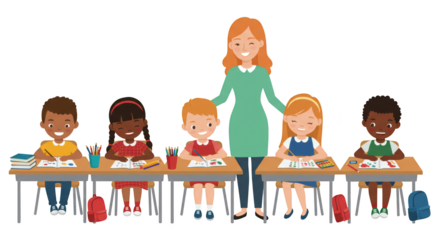 Happy Teacher with Diverse Students Learning and Drawing in a Classroom illustration featuring classroom, childhood, writing,