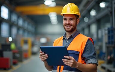 A heavy industry worker is using tablet in factory while smiling a the camera. High quality