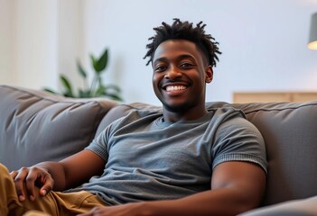 Obraz premium Smiling young Black adult relaxing on sofa, home interior, comfortable, unposed