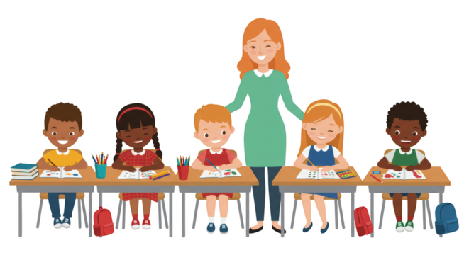 Happy Teacher with Diverse Students Learning and Drawing in a Classroom illustration featuring classroom, childhood, writing,