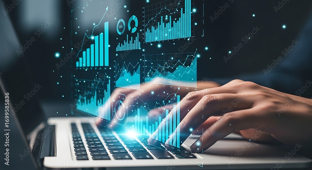 Poster hands typing on laptop with glowing futuristic digital data graphs overlay effect
