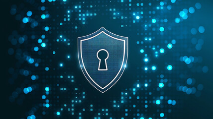 Digital shield with a keyhole symbol representing cybersecurity and data protection in a futuristic network environment
