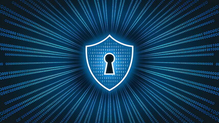 Digital shield with keyhole symbol glowing blue against a background of binary code data stream