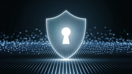 Digital shield with glowing keyhole symbol representing cybersecurity data protection and network security concept