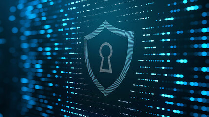 Digital shield with a padlock symbol formed from glowing binary code data streams on a dark blue background