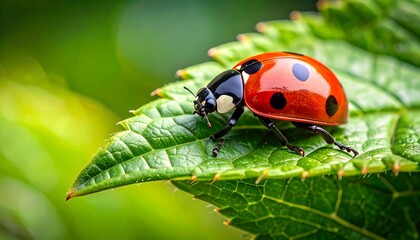 A vibrant ladybug with a red shell spotted with black, perched on a bright green leaf against a blurred green background