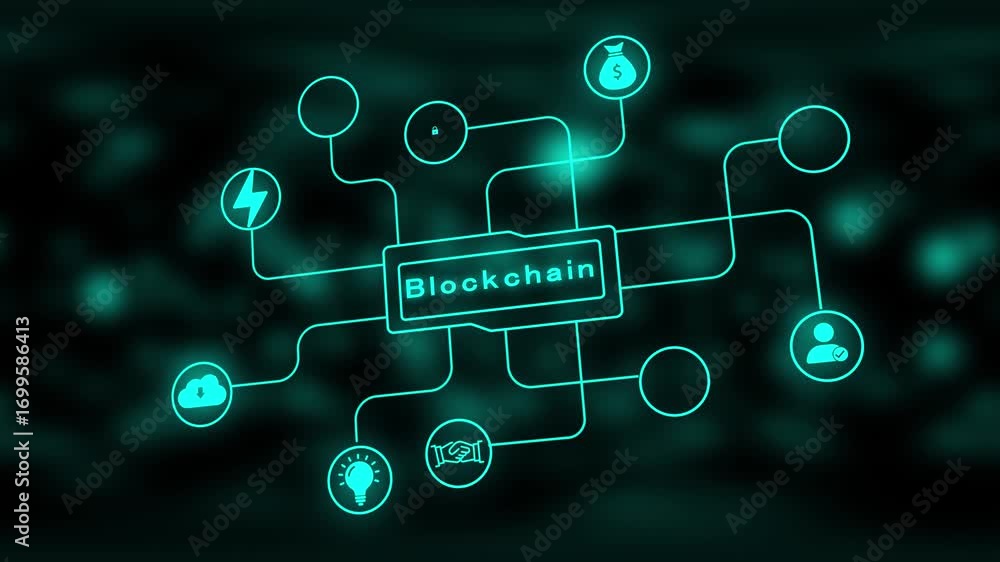 Poster neon blue blockchain text in a network diagram with bokeh background keywords: blockchain, technolog