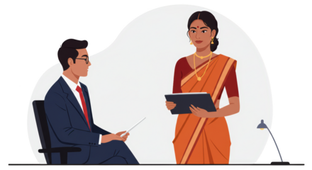 Indian Business Professionals Discussing Work in a Meeting illustration featuring attire, attentive, suit, person, illustration, business concept design