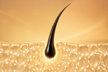 3D illustration of hair root growing from skin cells, symbolizing strength, growth, and nourishment. Perfect for haircare, cosmetic advertising, medical research, and healthcare concepts.