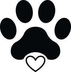 Paw print with heart vector illustration, pet love symbol, animal care graphic, veterinary concept, dog cat footprint design, black isolated silhouette artwork