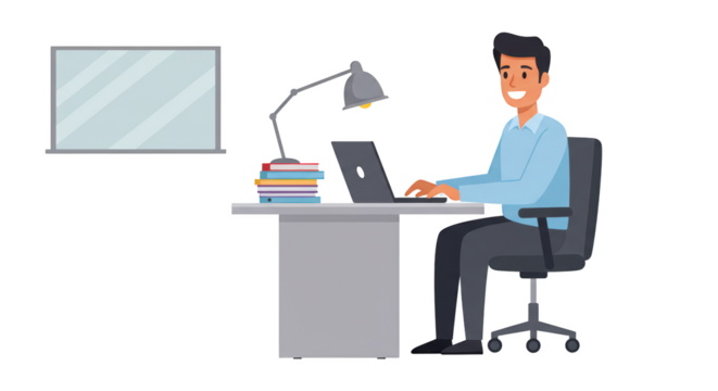 Man Working on Laptop at Desk illustration featuring creative, character, project, planning, flat, analysis concept design