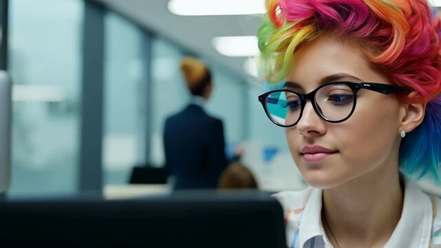 Young Caucasian woman with multi colored dread locks in front of laptop monitor in office. Focused and determined, she works on her laptop in a modern office with vibrant dreadlocks.
