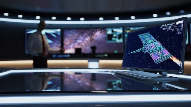 engineer meticulously examines satellite model within command center environment, engineer conducts detailed analysis of satellite model inside operations command center