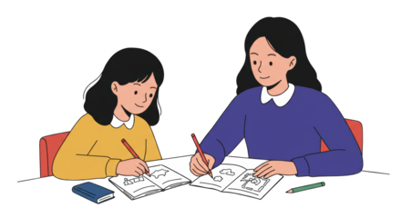 Mother and Daughter Drawing Together 1 illustration featuring cartoon, mother, simple, together, education, art