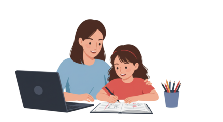 Mother and Daughter Learning Together at Home illustration featuring home, mother, learning, bonding, vector, girl