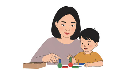 Mother and Son Playing Together illustration featuring care, parent, kid, drawing, asian, kindergarten concept design for