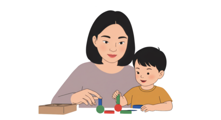 Mother and Son Playing Together illustration featuring care, parent, kid, drawing, asian, kindergarten concept design for
