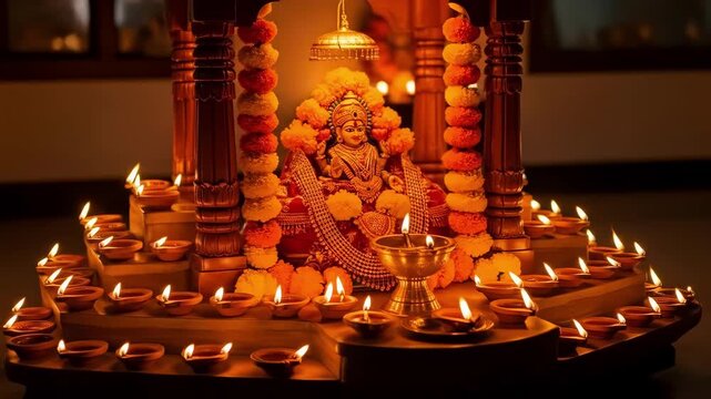 Divine mahalakshmi vrat ceremony illuminated by glowing diyas symbolizing prosperity and devotion in a sacred hindu ritual