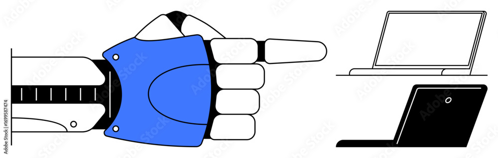 Poster robotic hand with blue details pointing towards laptops emphasizing automation, digital communicatio