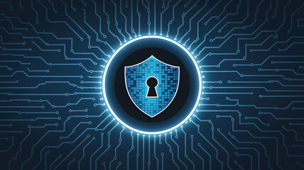 Digital security shield with a glowing keyhole icon on a futuristic circuit board background representing data protection