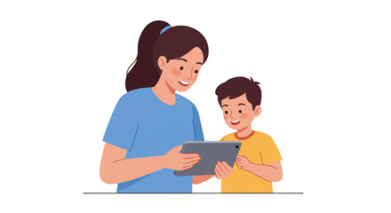 Mother and Son Using Tablet illustration featuring teaching, vector, domestic, fun, technology, indoors concept design for