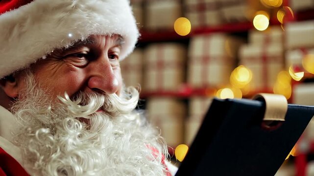 Santa Claus sits in the warehouse of his factory and keeps a record of gifts. Warehouse of gifts of Santa Claus. Accounting and distribution Christmas gifts for all children on the planet.
