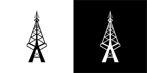 A stylized black and white illustration of a communication tower.