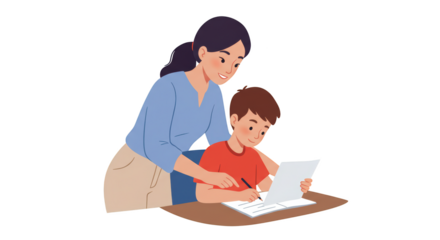 Mother Helping Son with Homework and Learning illustration featuring support, academic, together, schoolwork, classroom,