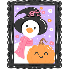 Spooky goose and pumpkin frame clipart, Halloween illustration 