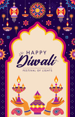 happy diwali, festival of lights vertical banner with flat design concept