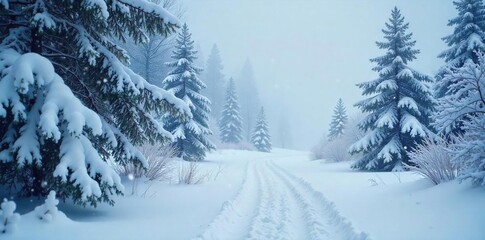 Naklejka premium Intense snowstorm blankets a winter landscape, heavy snowfall obscuring visibility Frozen branches are laden with fresh snow, creating a dramatic scene of winter's power , outdoors, nature