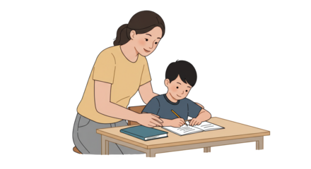 Mother Helping Son with Homework illustration featuring pencil, book, lifestyle, lesson, positive, childhood concept design for modern