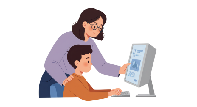 Mother helping child with computer illustration featuring vector, mentor, happy, internet, modern, help concept design for