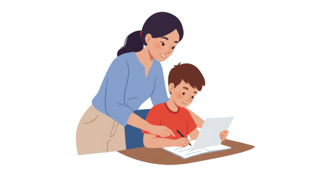 Mother Helping Son with Homework and Learning illustration featuring support, academic, together, schoolwork, classroom,