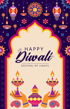 happy diwali, festival of lights vertical banner with flat design concept