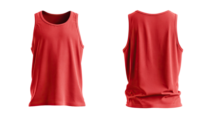 Front and back view of a vibrant coral-red sleeveless top.  A plain, simple design,  likely athletic or casual wear