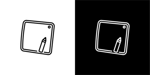 Stylized drawing tablet and pen icon in black and white, presented on contrasting backgrounds.