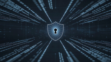 Digital shield with a glowing keyhole symbol at the center representing cybersecurity and data protection concept
