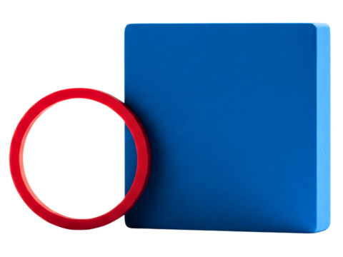 Red ring leaning against a blue square on a transparent background