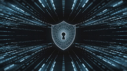 Digital shield with a keyhole symbol glowing against a dark background with abstract light streaks representing data flow