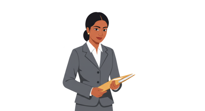 Professional Indian Businesswoman in Gray Suit Holding Folder illustration featuring lady, success, human, jacket, career, corporate concept