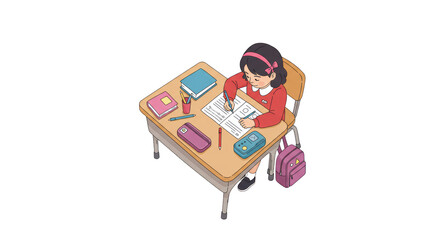Schoolgirl Studying at Desk Cute Illustration illustration featuring girl, textbook, cartoon, writing, smart, desk
