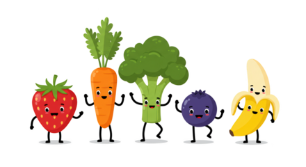 Set of cute happy fruit and vegetable cartoon characters illustration featuring natural, graphic, white, flat,