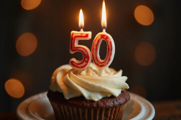 50th birthday. Burning number shaped candles on cupcake against blurred background with lights, closeup. Bokeh effect. 3d rendering.