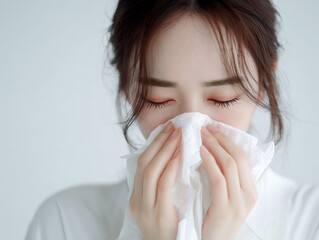 ティッシュで鼻を押さえる体調不良の日本人女性ポートレート